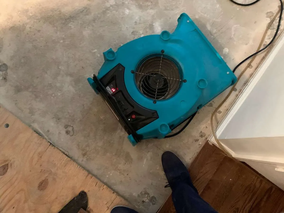 Air mover drying subfloor during Commercial Water Damage Restoration in Grand Blanc